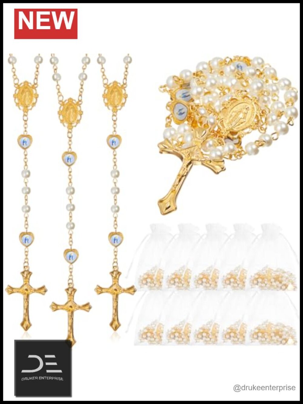 Rosary Necklace with Crucifix Cross - Glass Pearl Beads